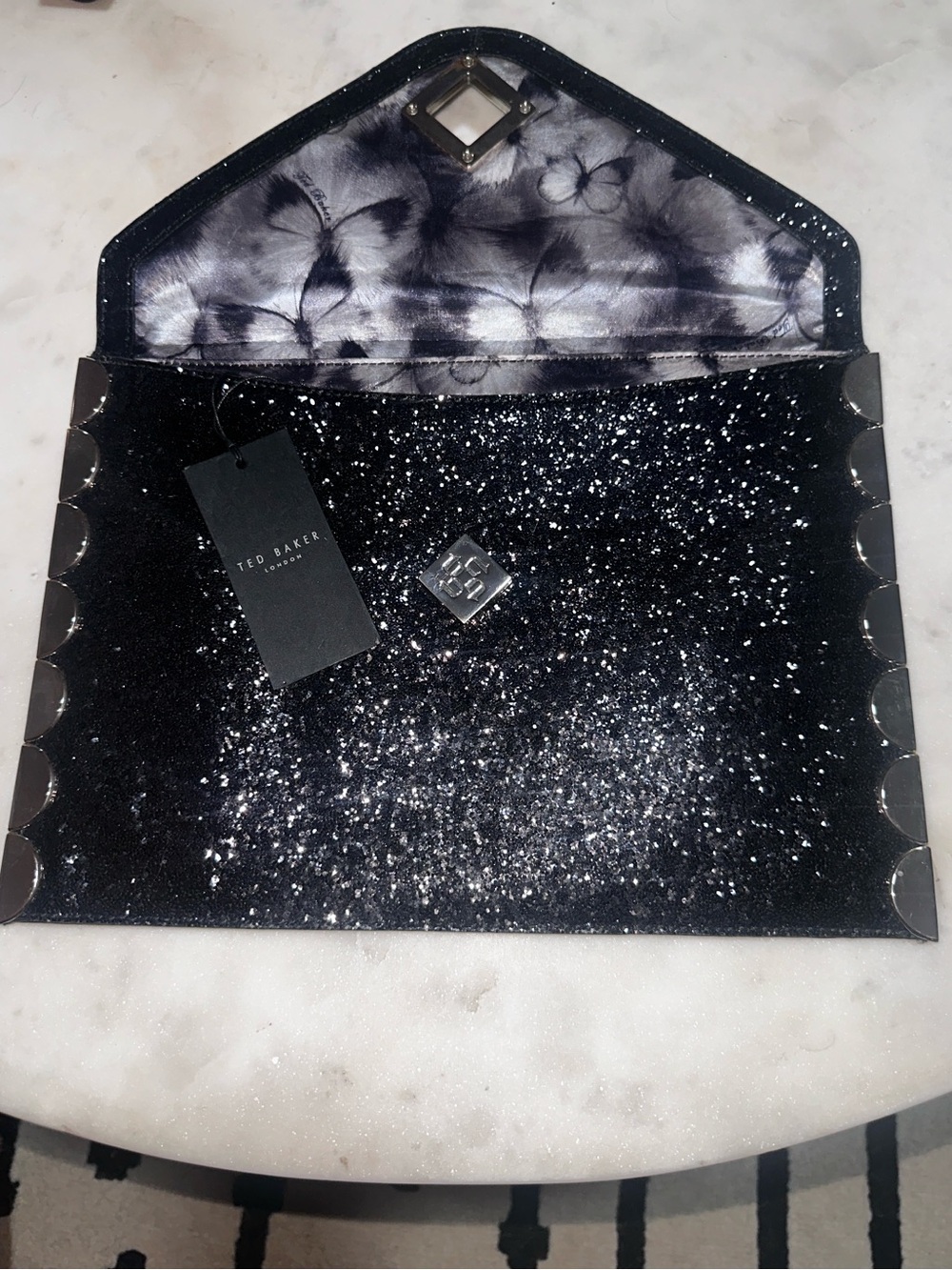 Ted Baker London Black Glitter Envelope Clutch with Silver Accents
